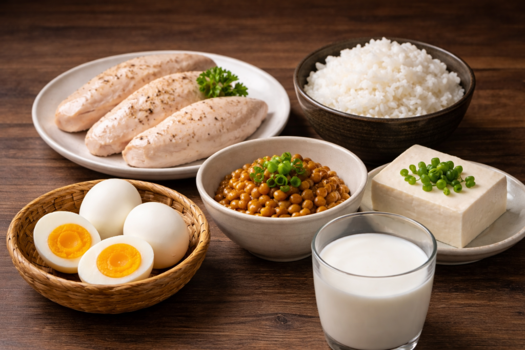 鶏肉、卵などの高タンパクな食材