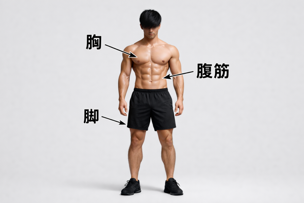 筋トレ初心者向けに胸・腹筋・脚の部位を示した筋肉質な男性の全身イラスト