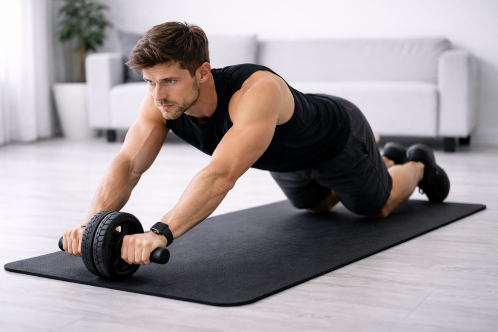 自宅でアブローラー（腹筋ローラー）で膝コロをしている画像