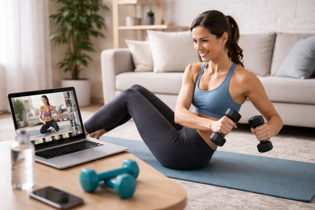 オンラインでトレーナーにトレーニング指導をされている女性の画像。