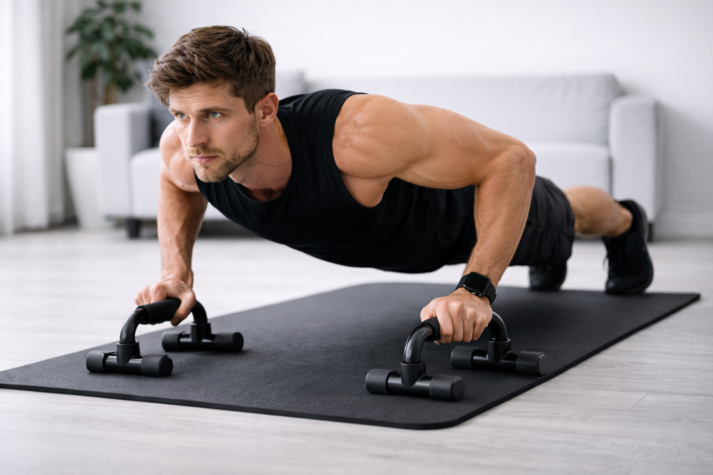 自宅でプッシュアップバーを使ってプッシュアップ（腕立て伏せ）をしている男性