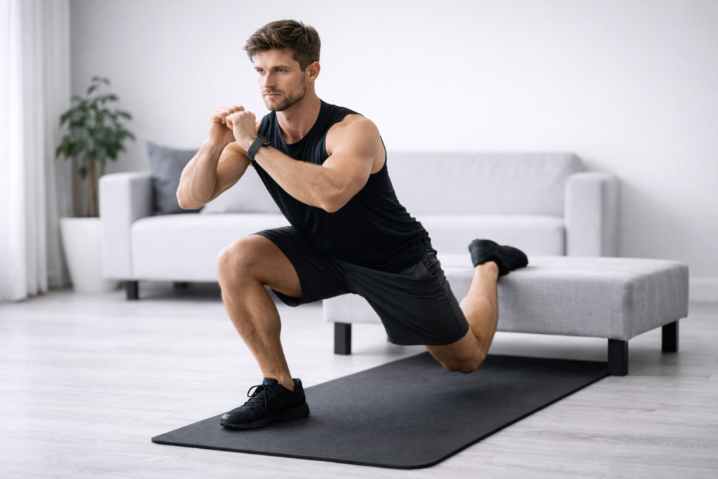 自宅でブルガリアンスクワットをしている男性