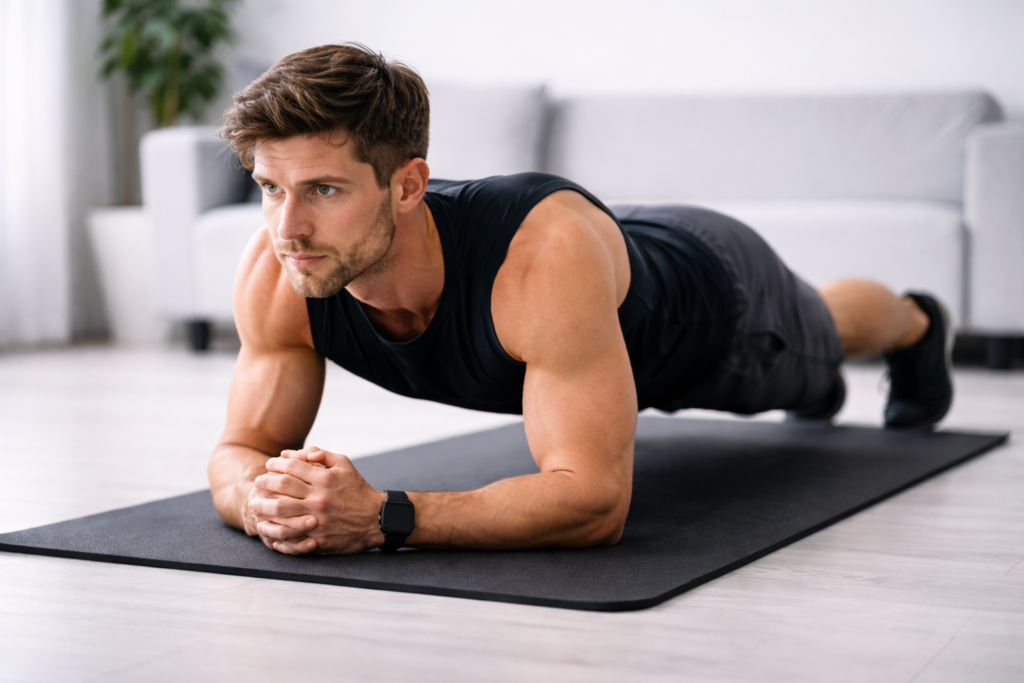 自宅でプランクをしている男性の画像