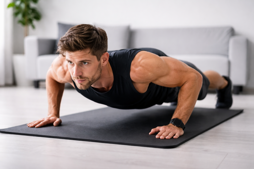 自宅で腕立て伏せ（プッシュアップ）をしている男性の画像