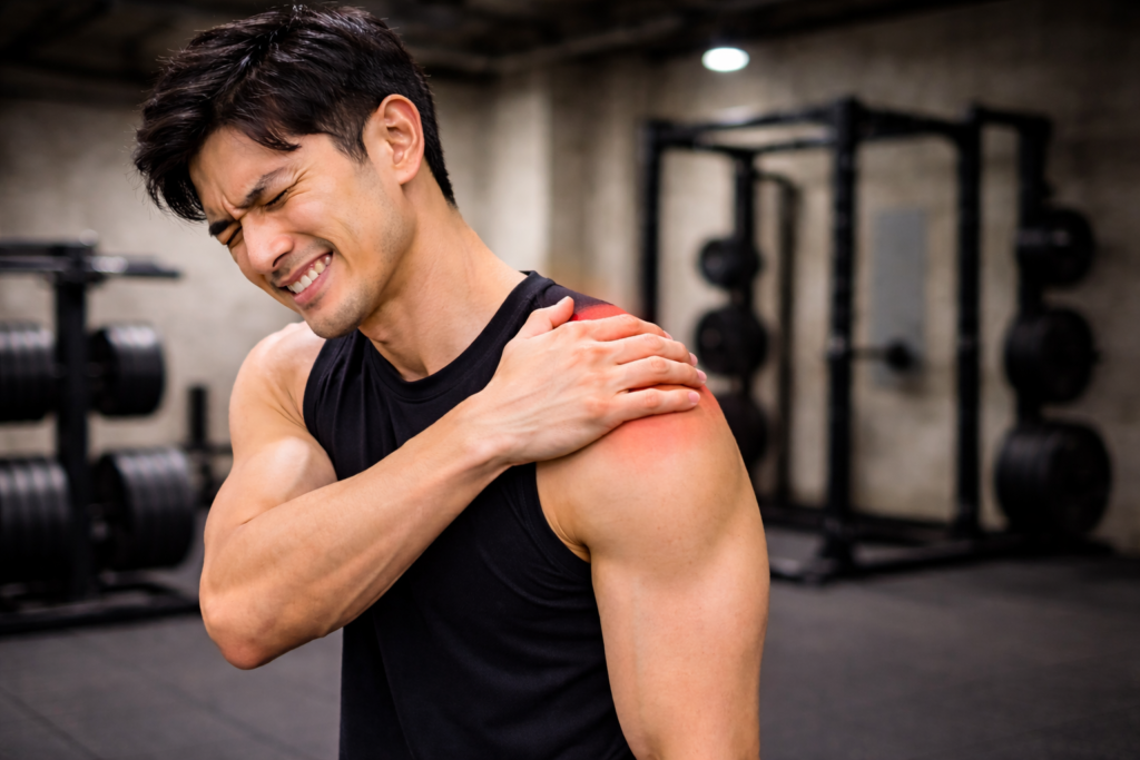 肩を痛めて顔をしかめている男性