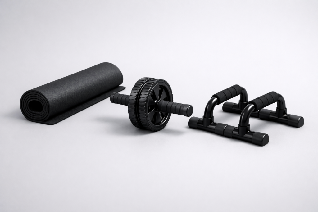 自宅筋トレに必要な器具（トレーニングマット・アブローラー・プッシュアップバー）のシンプルなイメージ