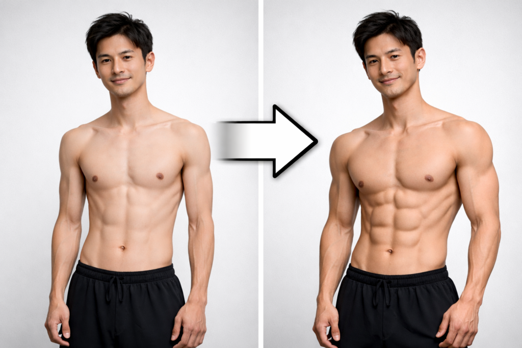 細い男性がマッチョになっていく様子