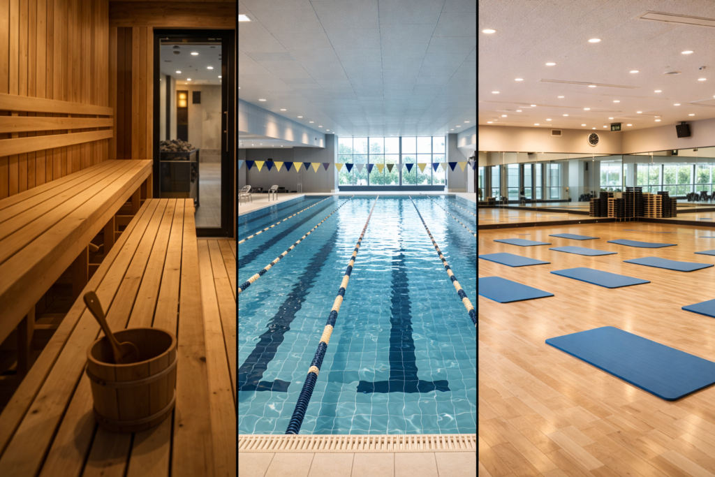 総合型フィットネスクラブをイメージした画像。サウナ、プール、スタジオの3種類が3分割されている。