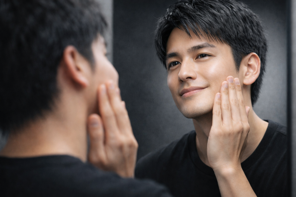 鏡を見ながらツルツルのヒゲに満足そうな男性